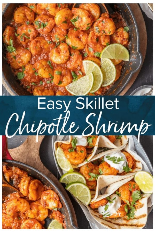 This SKILLET CHIPOTLE SHRIMP is our favorite easy shrimp recipe! Smokey, spicy, and so flavorful! This chipotle shrimp is perfect over pasta or rice for a simple and healthy dinner at home.