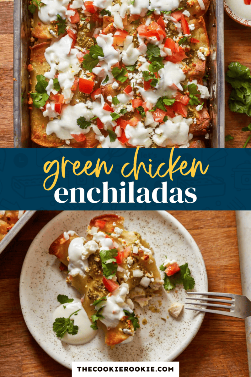 Green chicken enchiladas beautifully presented on a plate.