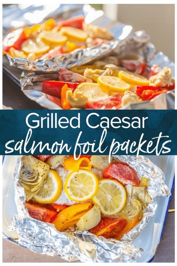 These GRILLED CAESAR SALMON FOIL PACKETS are the perfect way to enjoy seafood on the grill this Summer. Salmon, tomatoes, artichokes, and sweet pepper in foil...easiest most delicious dinner ever.