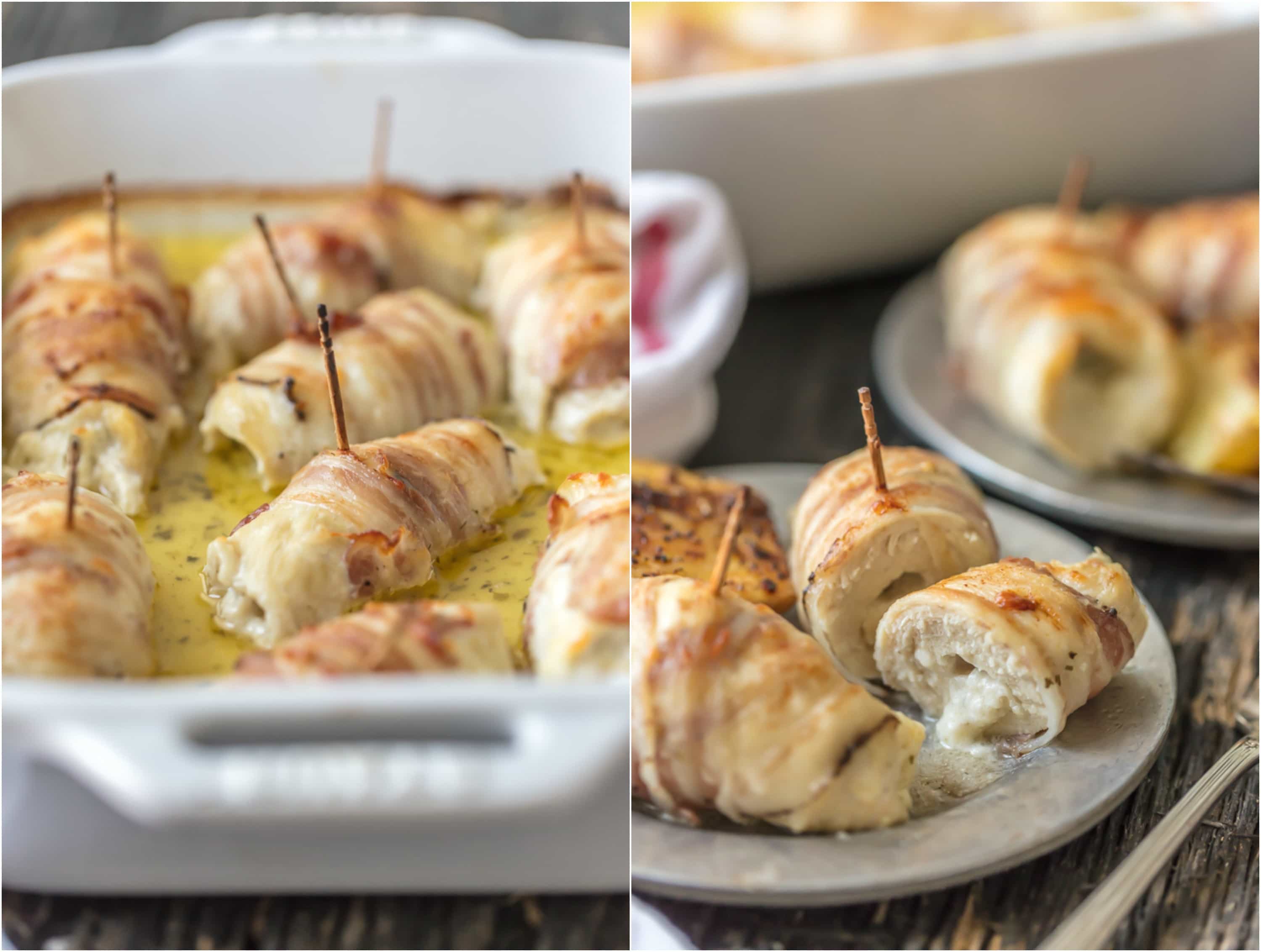 These CHEESY PANCETTA WRAPPED CHICKEN ROLLUPS are so quick and easy and delicious! Chicken stuffed with boursin cheese and wrapped in pancetta makes for the most moist and delicious chicken ever.