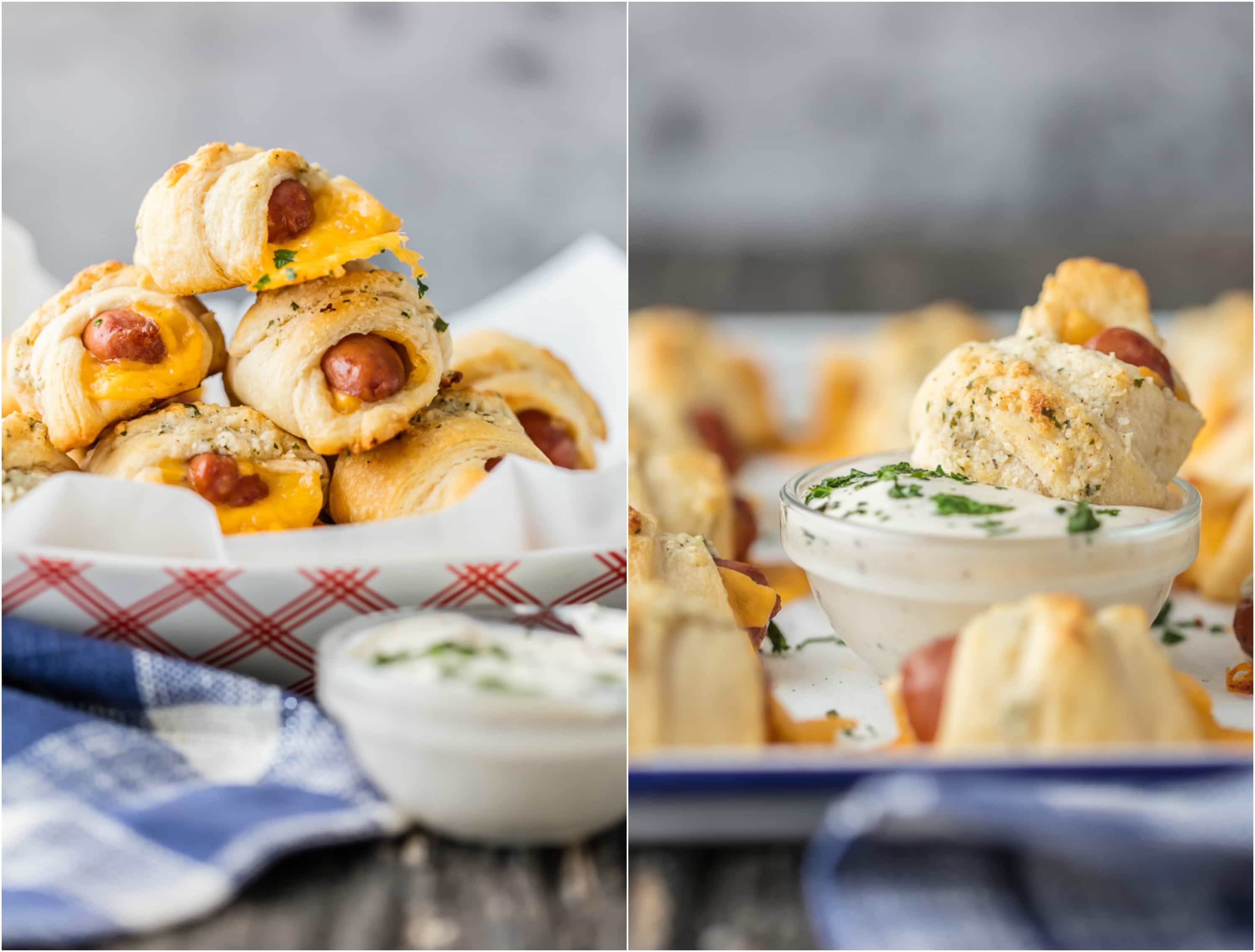 Pigs in a Blanket with Cheese and Parmesan Ranch Butter will be all the rage at your next party. This Pigs in a Blanket Recipe is easy, fun, and oh so delicious. If you've wondered How to Make Pigs in a Blanket, these Lil' Smokies wrapped in sharp cheddar, crescent roll dough, and brushed with parmesan ranch butter are sure to be a hit.