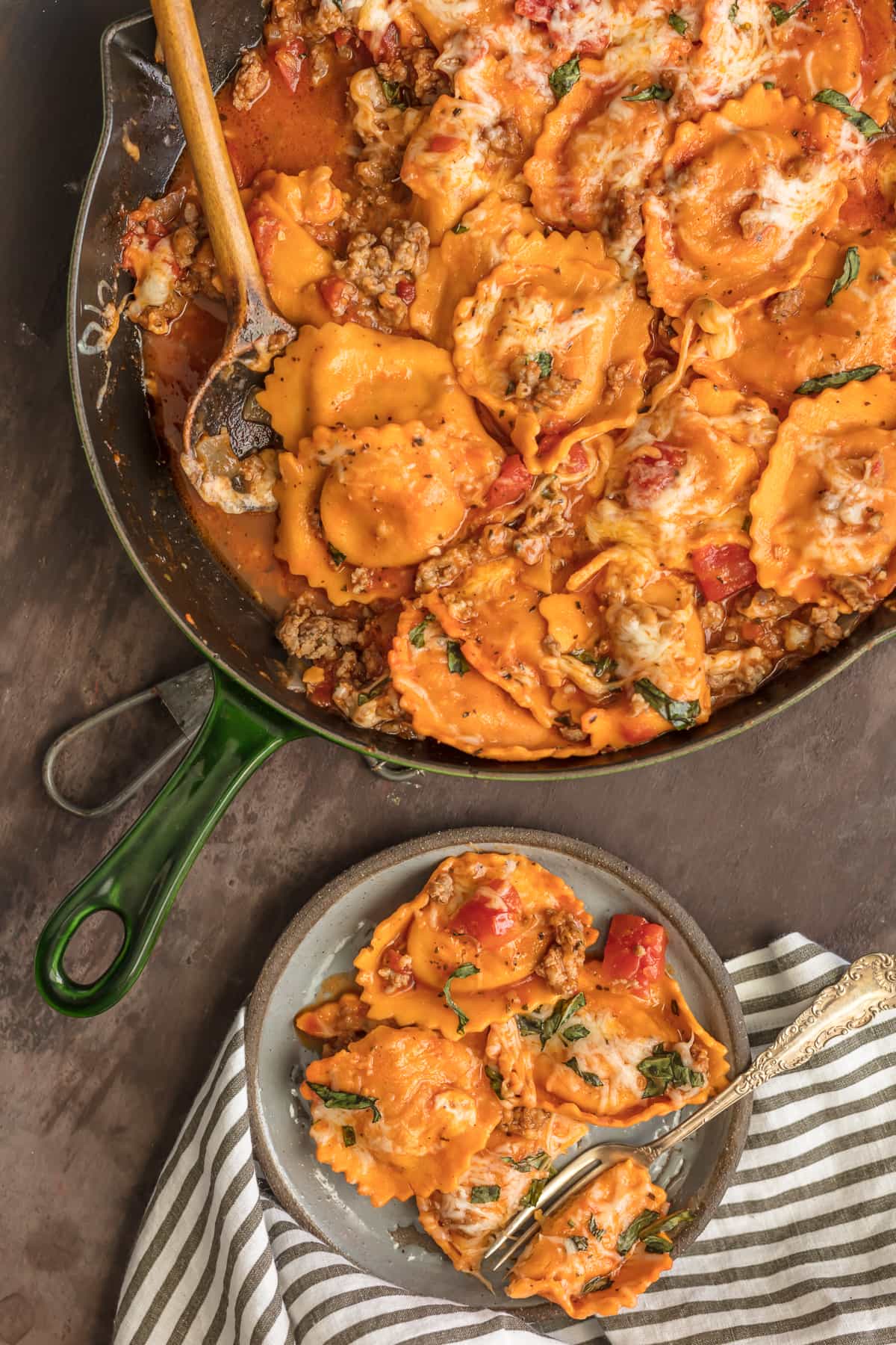 Cheese ravioli, sausage, tomatoes, and basil in one pan meal