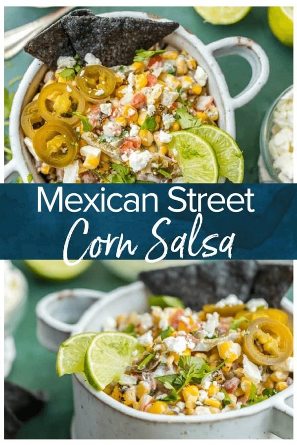 This MEXICAN STREET CORN SALSA recipe is my favorite spicy corn dip, just perfect for every occasion! Roasted corn, feta, lime juice, sour cream, cilantro, pico de gallo, and more!