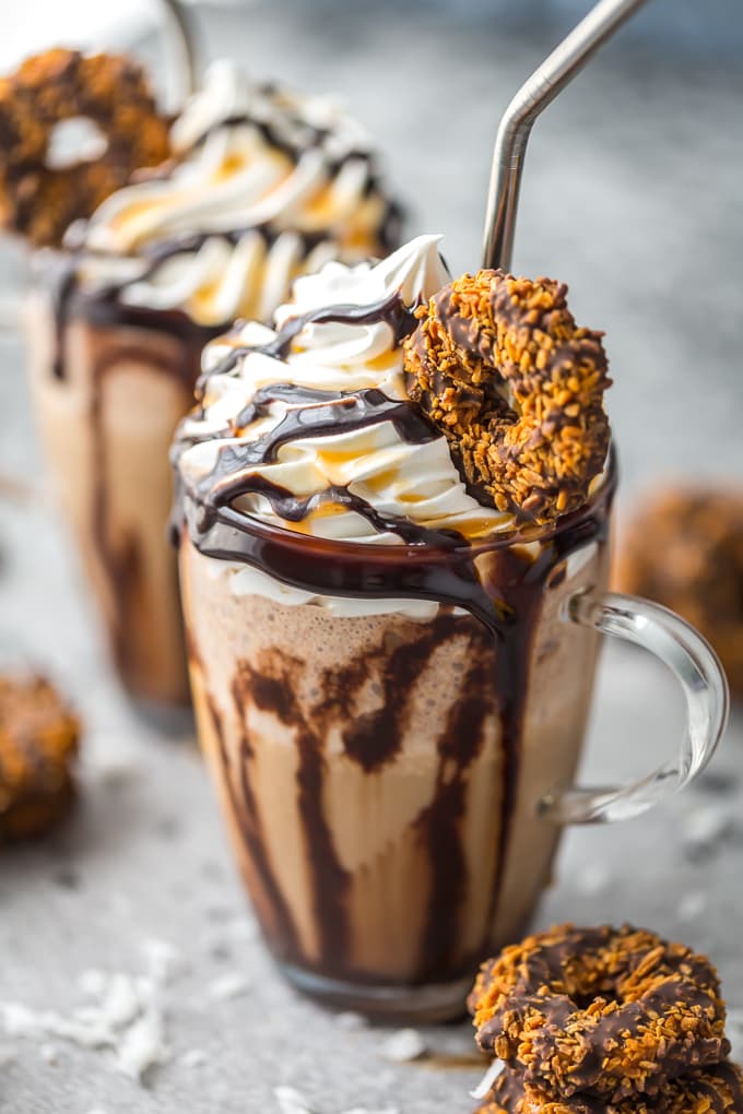 Caramel Mocha Frappe with whipped cream, chocolate sauce, and caramel coconut cookies
