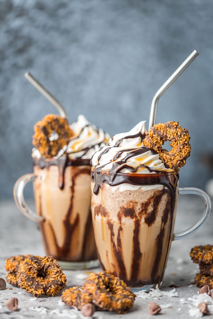 Frozen Coconut Caramel Frappe recipe with samoa cookies on top