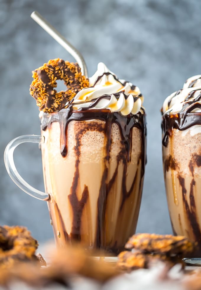 Caramel Coconut Frozen Coffee drink with chocolate and whipped cream