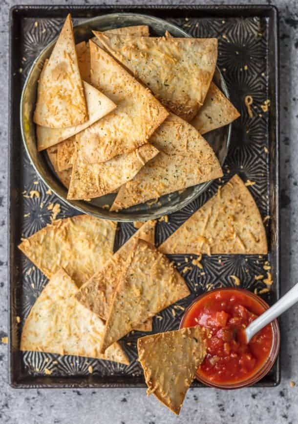 Homemade Tortilla Chips with Garlic Parmesan (Baked Tortilla Chips