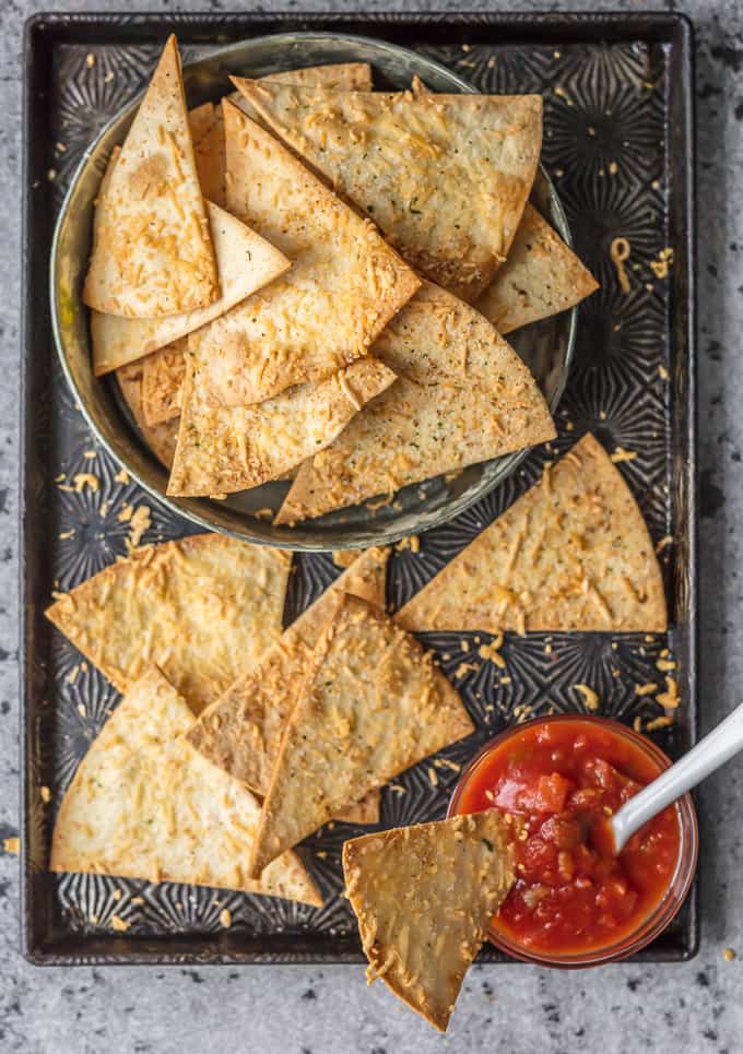 baked tortilla chips on a baking sheet