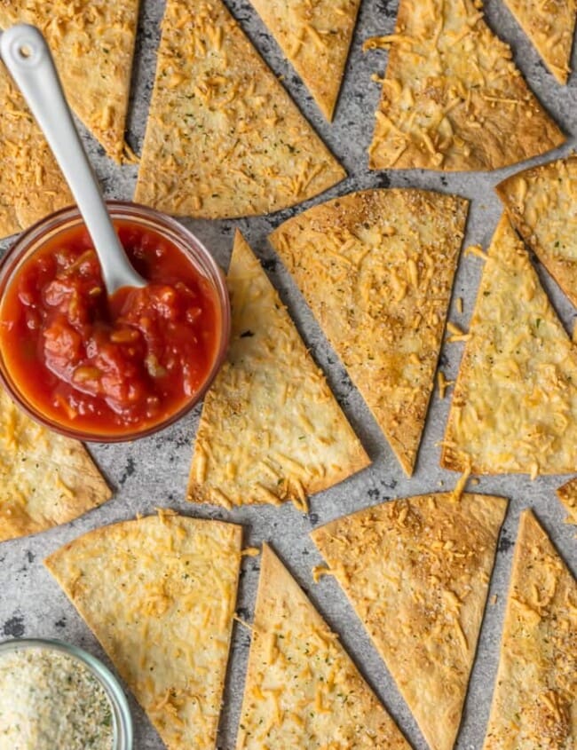 Homemade Tortilla Chips with Garlic Parmesan on a pan