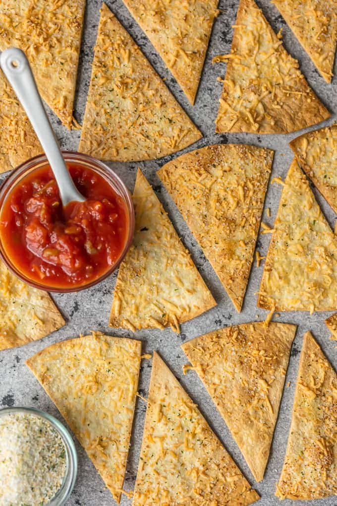 homemade tortilla chips on a baking sheet