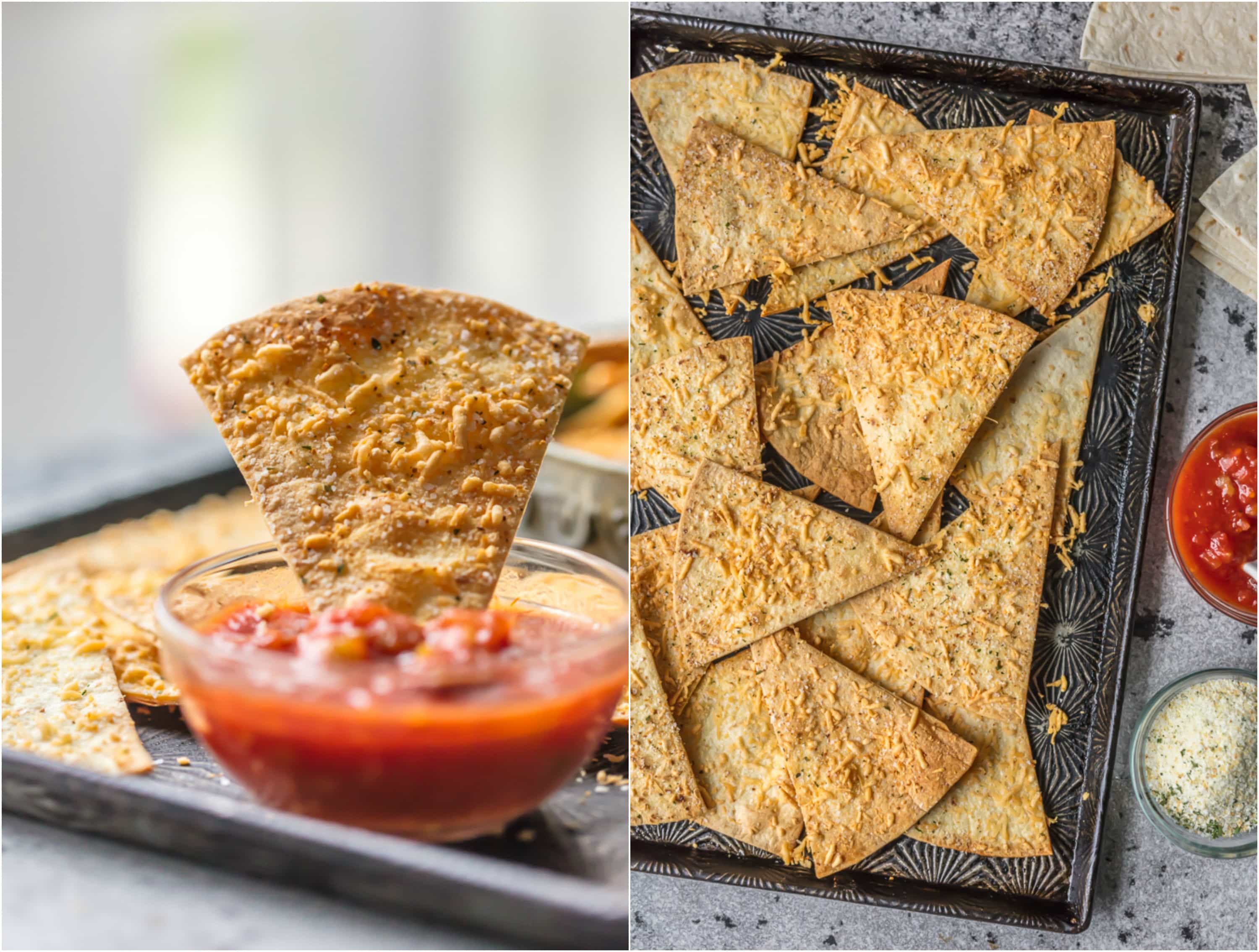 Homemade Tortilla Chips with Garlic Parmesan on a cookie sheet with salsa