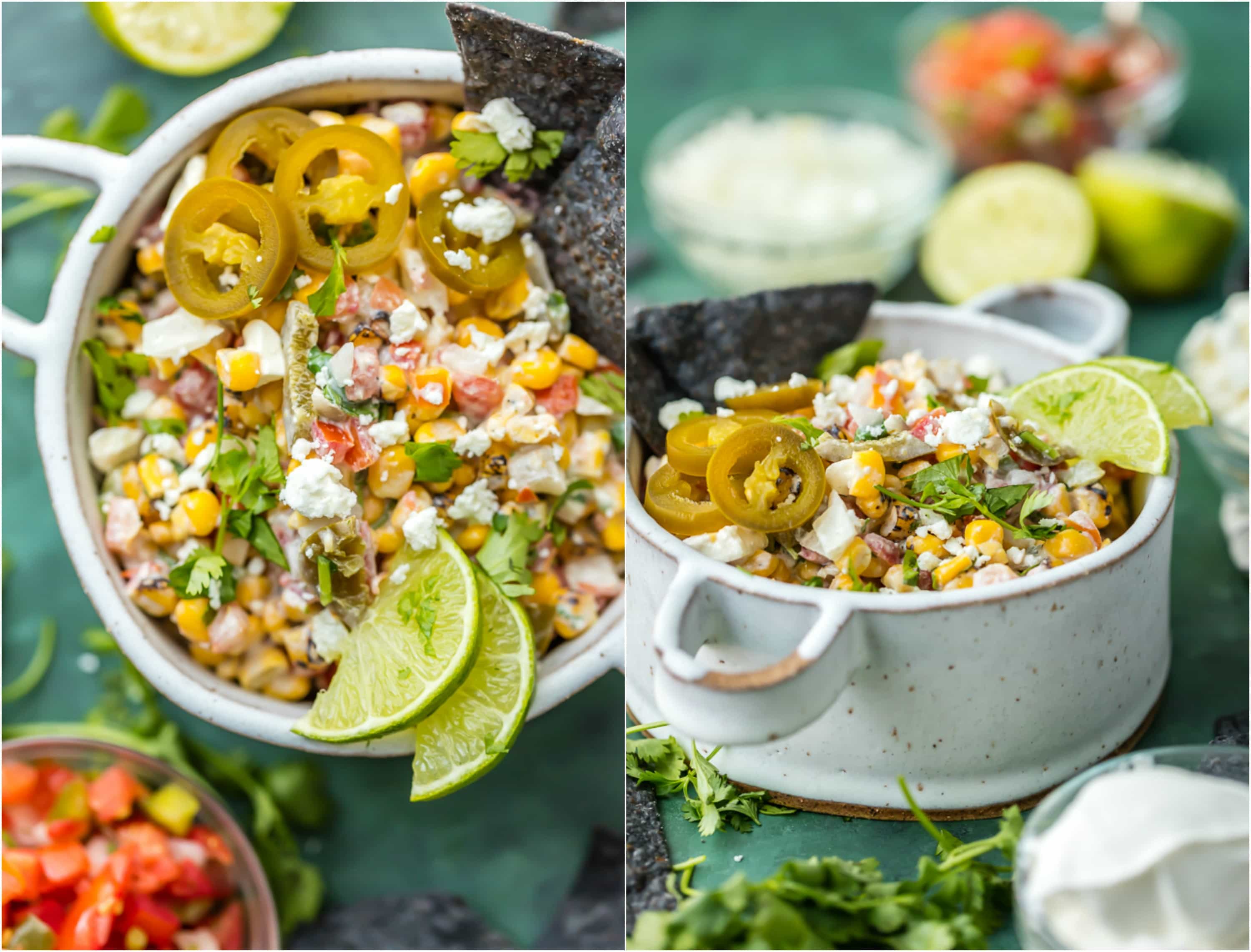 top view and side view of salsa in white dishes