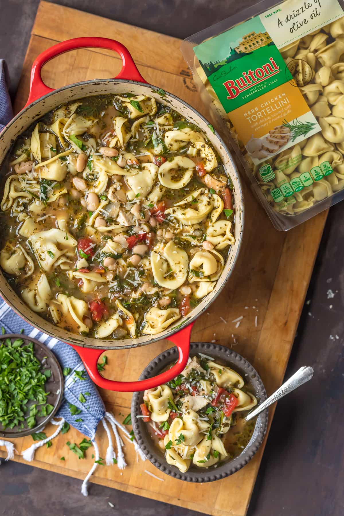 Buitoni Tortellini and Buitoni Pesto in a chicken tortellini soup