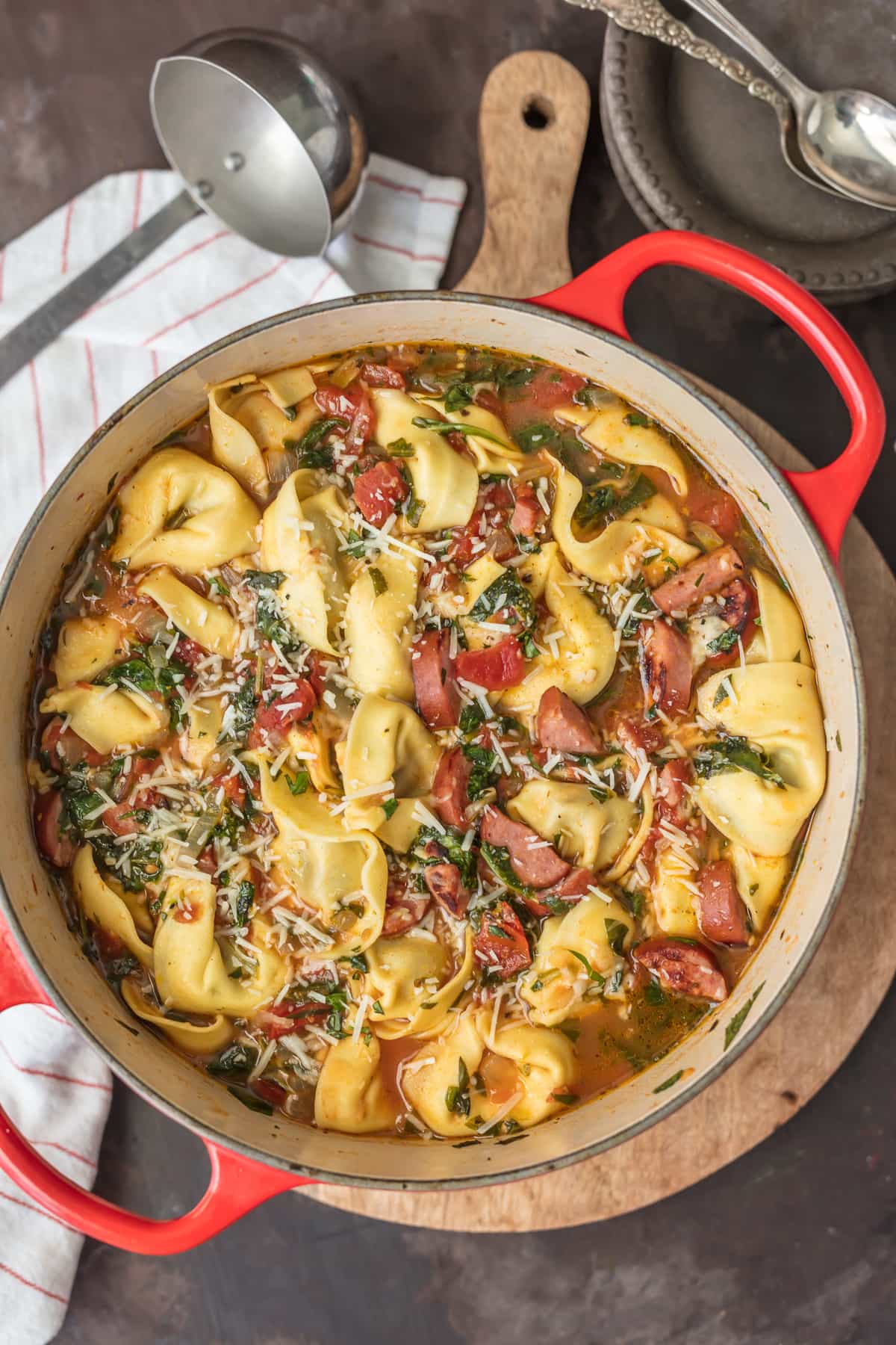 Sausage Tortellini Soup filled with tortelloni, turkey sausage, chicken broth, and more