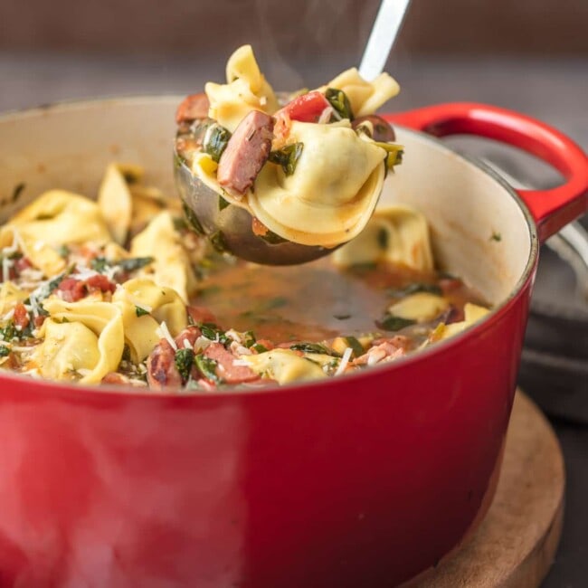SAUSAGE TORTELLINI SOUP is such an easy and delicious soup to throw together on busy days! This Sweet Italian Sausage Recipe is bursting with that classic Italian flavor. I love it! Using a pre-made stuffed pasta for this Sweet Italian Sausage Tortellini Soup recipe helped make it extra simple AND extra tasty.