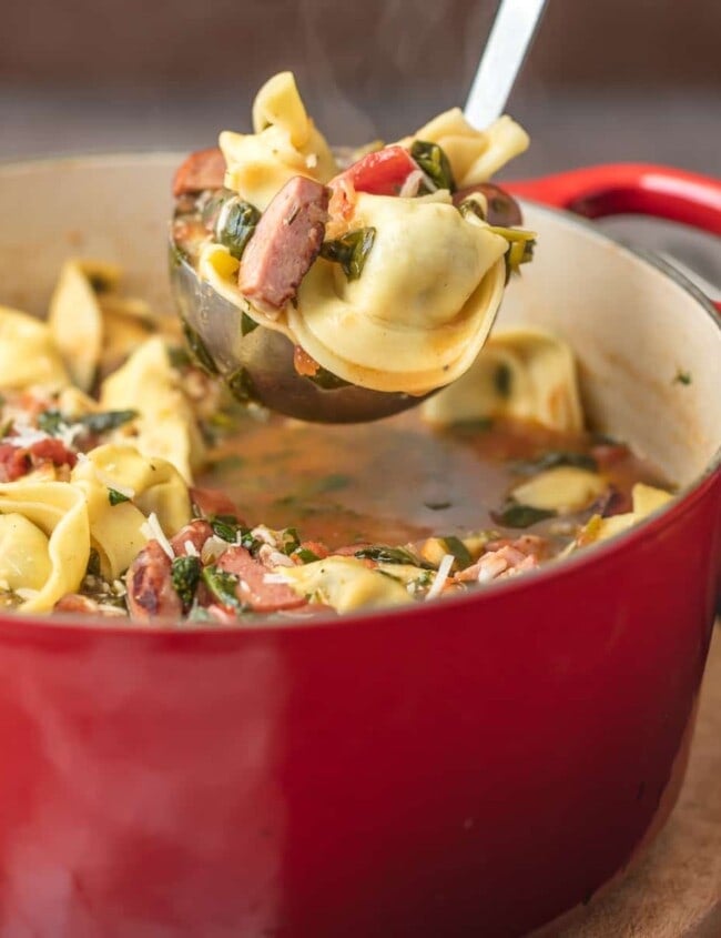 SAUSAGE TORTELLINI SOUP is such an easy and delicious soup to throw together on busy days! This Sweet Italian Sausage Recipe is bursting with that classic Italian flavor. I love it! Using a pre-made stuffed pasta for this Sweet Italian Sausage Tortellini Soup recipe helped make it extra simple AND extra tasty.