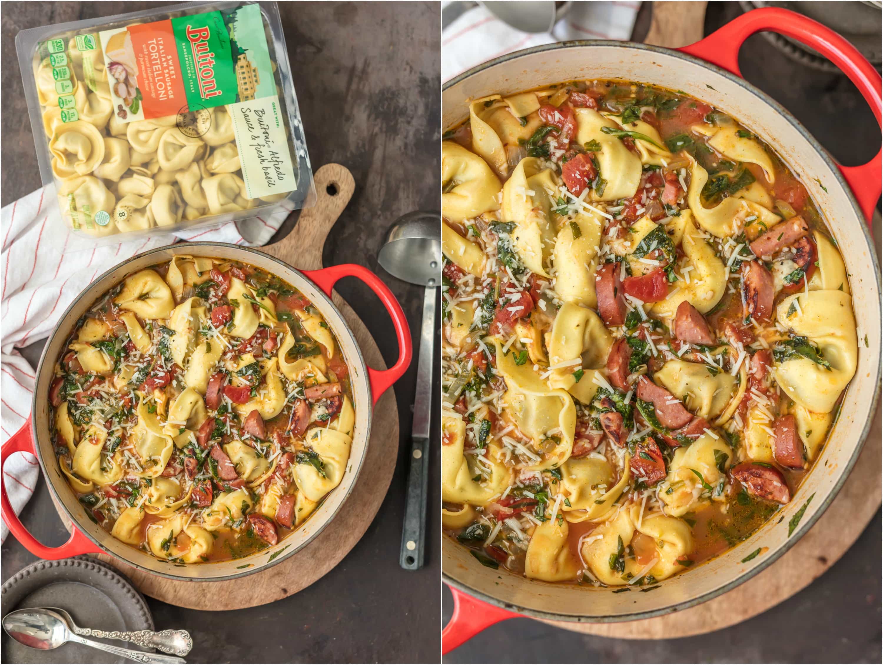 sweet italian sausage tortellini soup in a pot