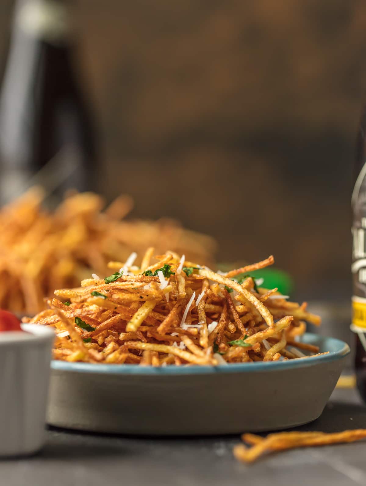 Close-up view of Shoestring Fries in a shallow bowl.