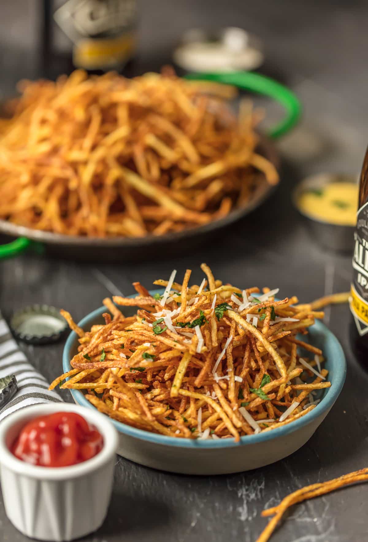 Shoestring Fries topped with Parmesan and garlic.