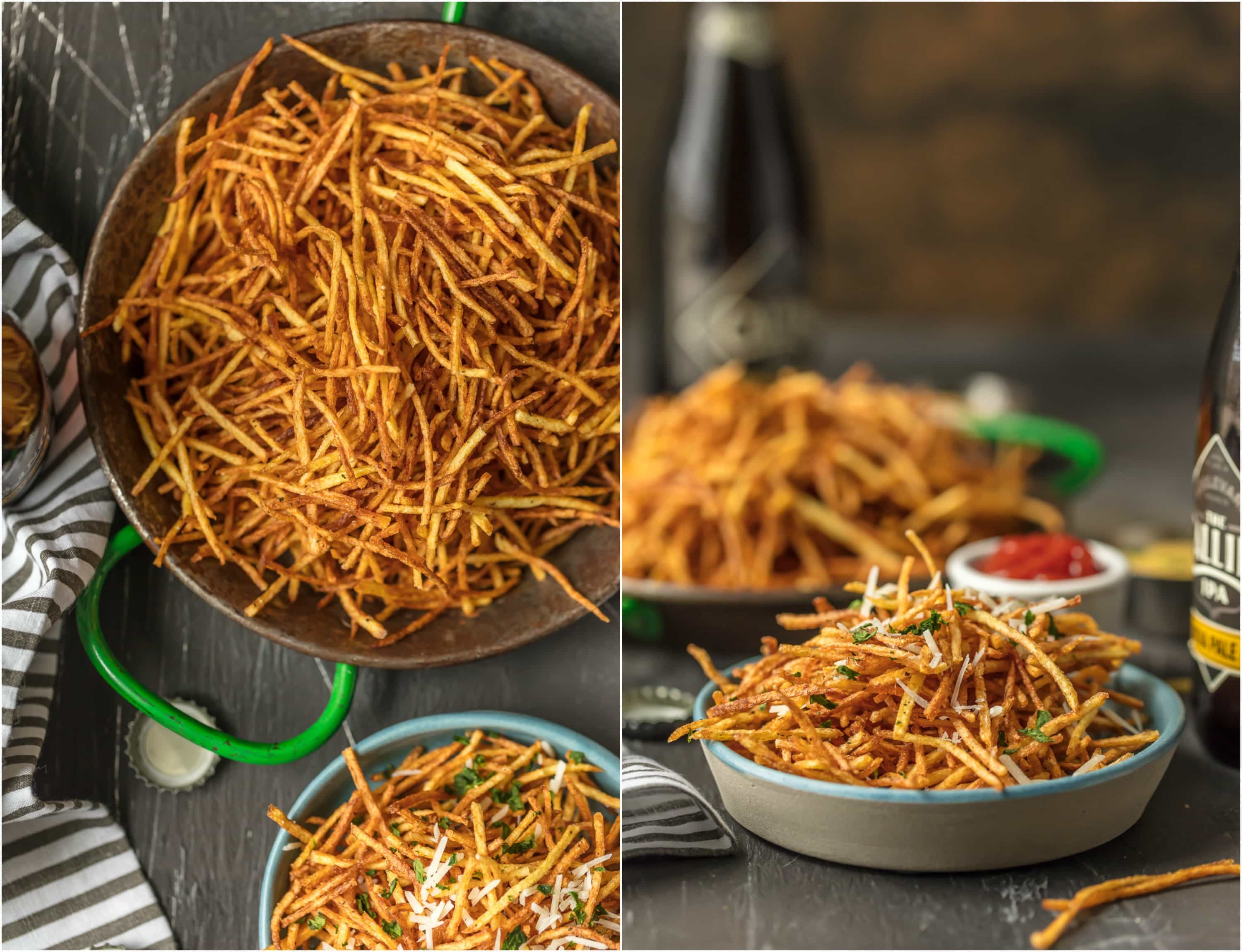 Overhead view of Shoestring Fries in a bowl , topped with Parmesan cheese.