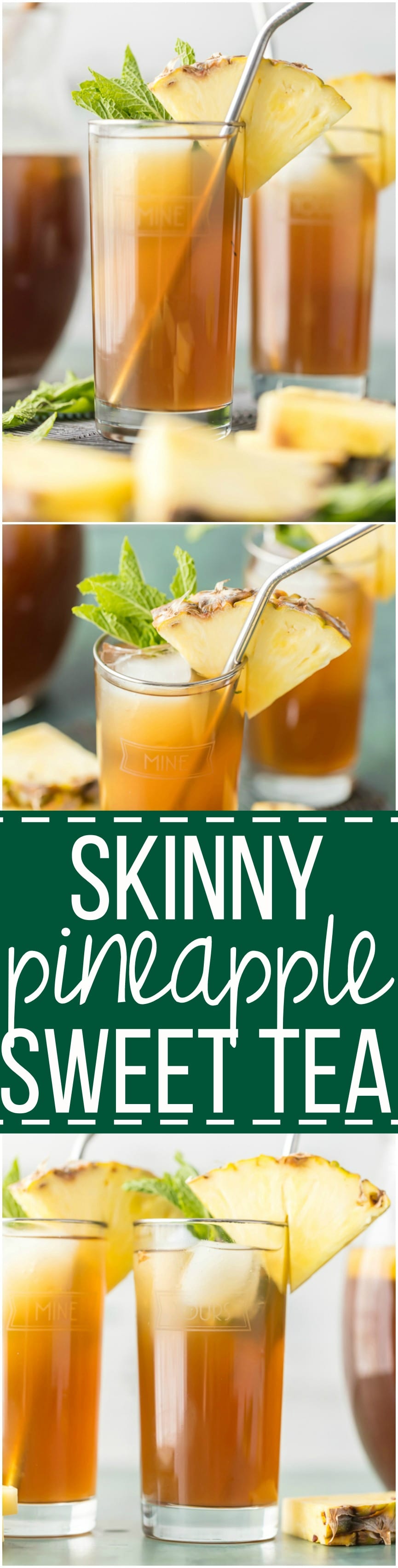 A close up of food on a table, with Pineapple and Iced tea