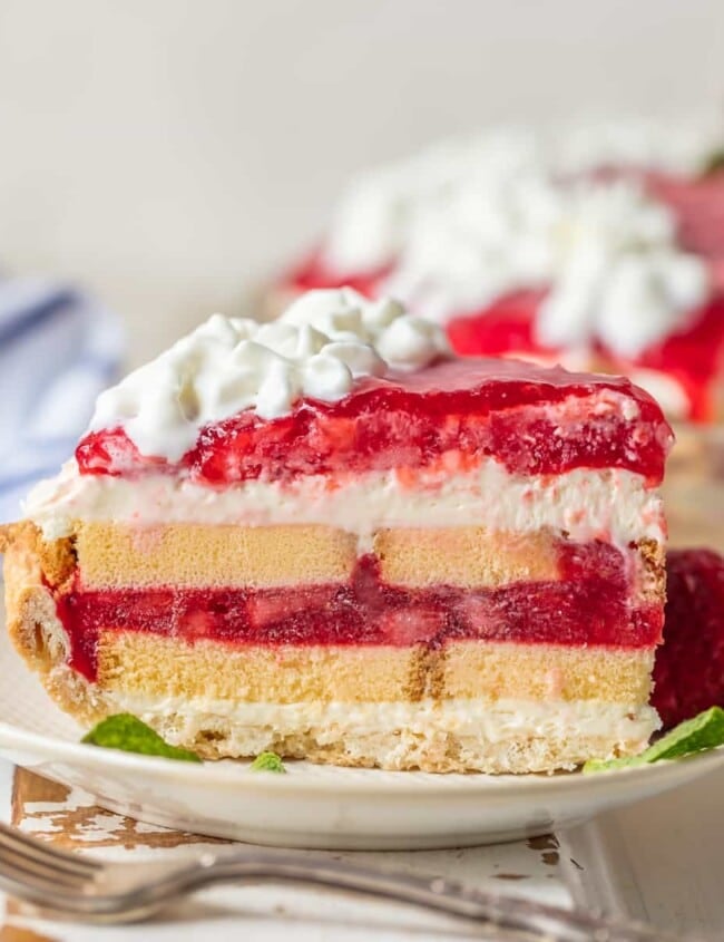 This STRAWBERRY SHORTCAKE PIE is the ultimate Summer sweet treat! Layers of strawberries, cream, and pound cake make for an easy strawberry shortcake recipe that is sure to please.