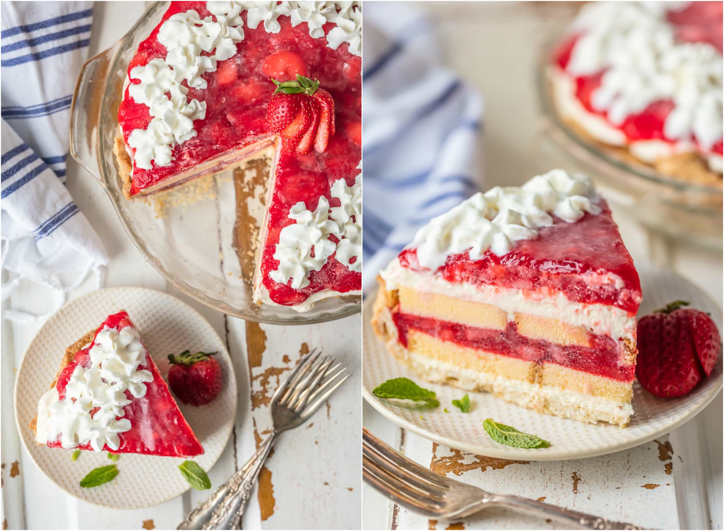 top view of strawberry shortcake pie and a slice on a plate