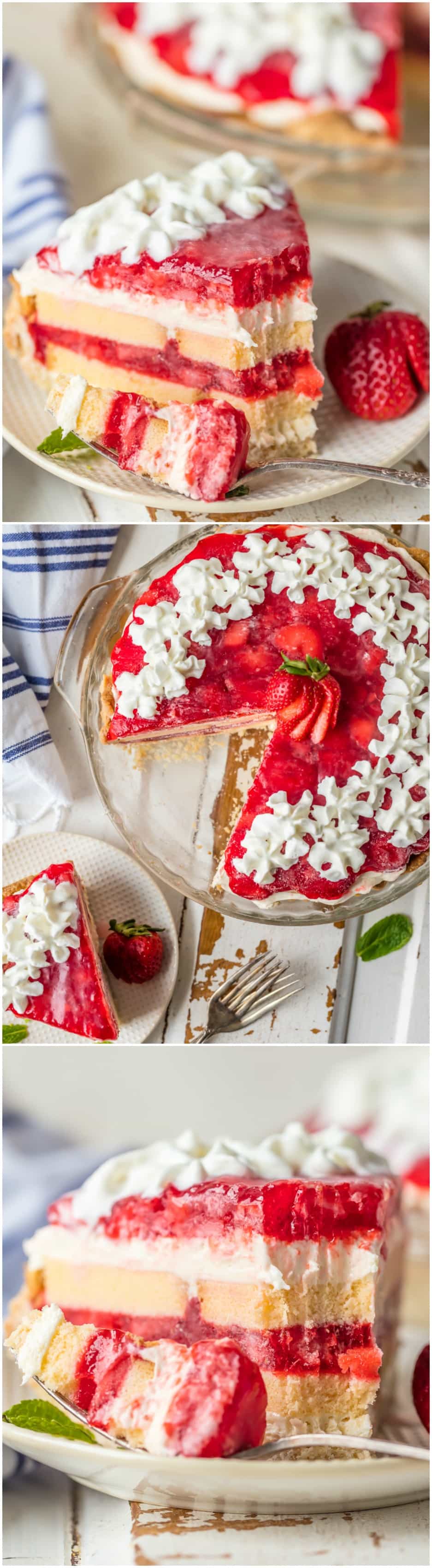 This STRAWBERRY SHORTCAKE PIE is the ultimate Summer sweet treat! Layers of strawberries, cream, and pound cake make for the most delicious (EASY) strawberry pie!
