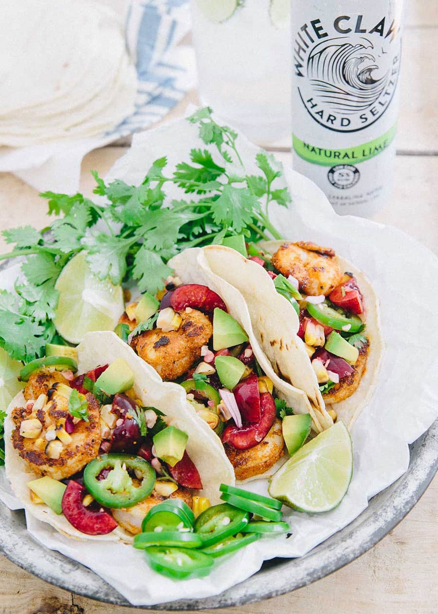 Blackened Shrimp Tacos with Grilled Corn Cherry Salsa | Running to the Kitchen