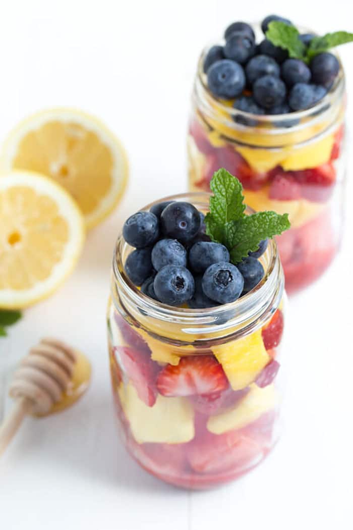 Masson Jar Fruit Salad with Strawberry Mint Dressing | Spoonful of Flavor