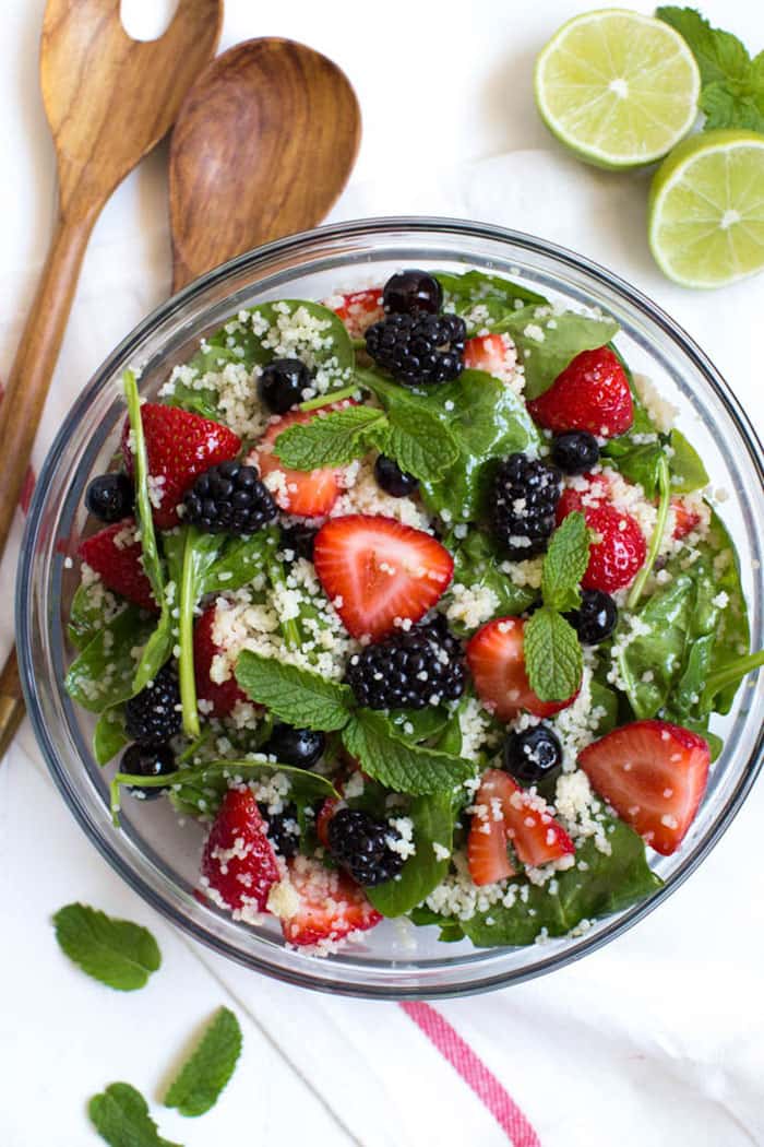 Triple Berry Couscous Salad with Honey Lime Mint Dressing | Spoonful of Flavor