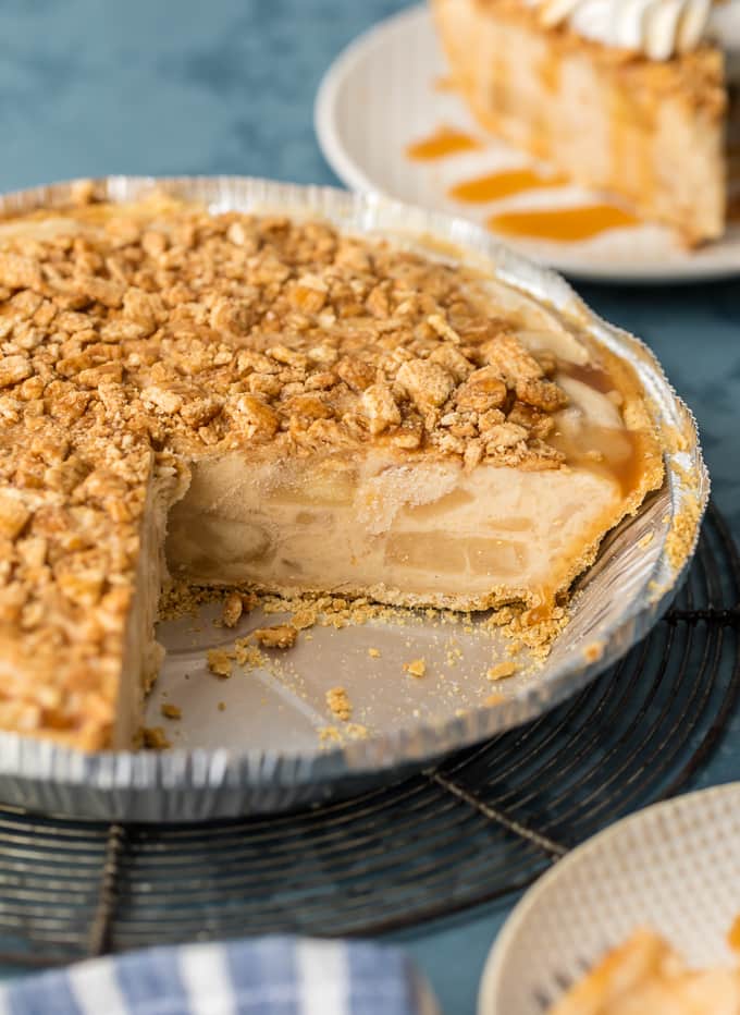 CARAMEL APPLE FREEZER PIE in a pie dish