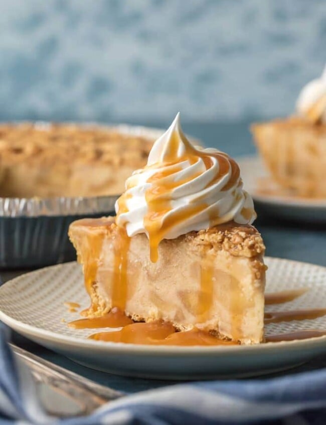 slice of caramel apple freezer pie on a plate