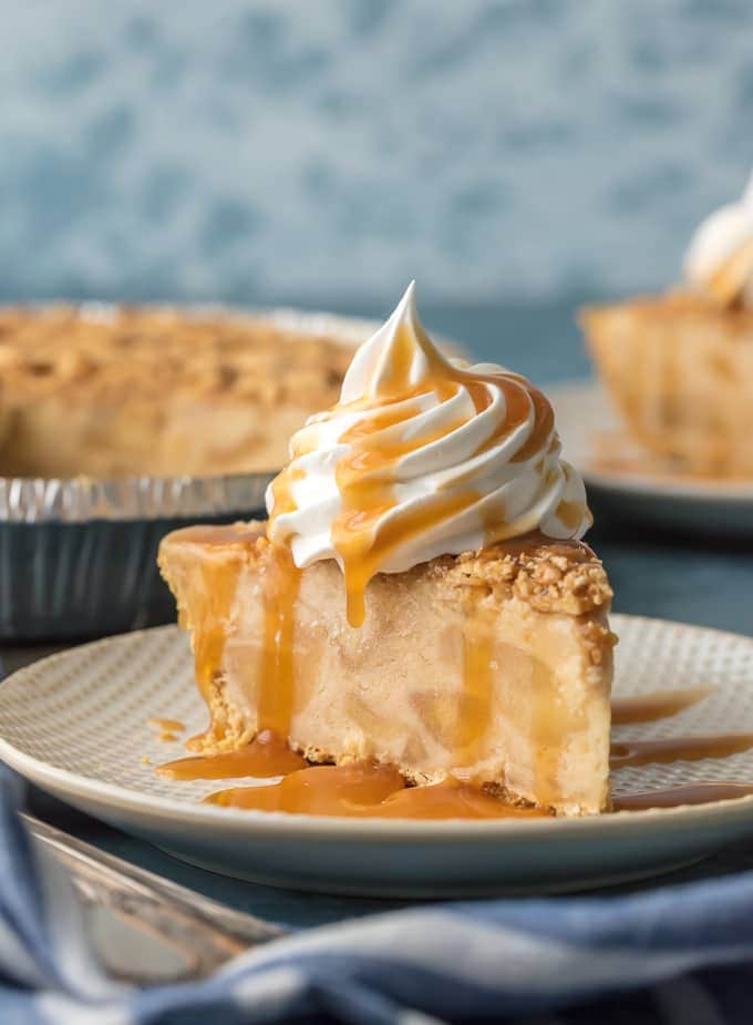 caramel apple freezer pie slice on plate