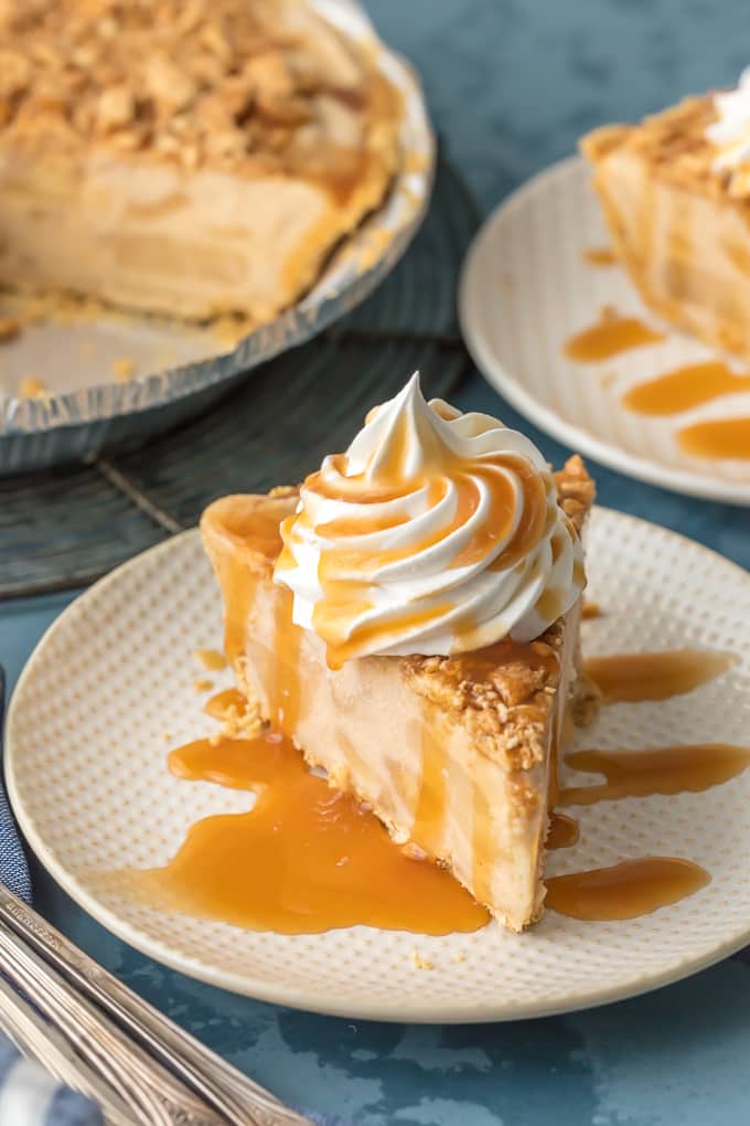 slice of pie with tons of caramel drizzle