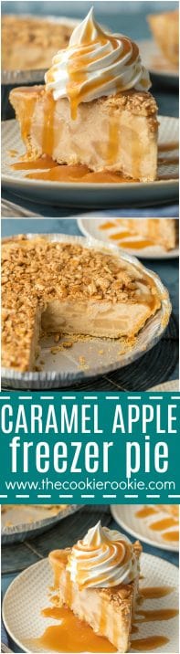 CARAMEL APPLE FREEZER PIE is the ultimate easy frozen dessert! Made with caramel ice cream, apple cider, and apple pie filling; it's sure to please and whipped up in minutes. YUM!