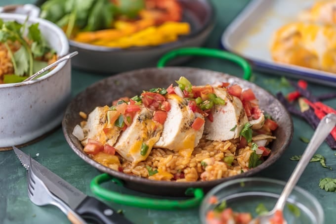 chicken, veggies, and rice on plate