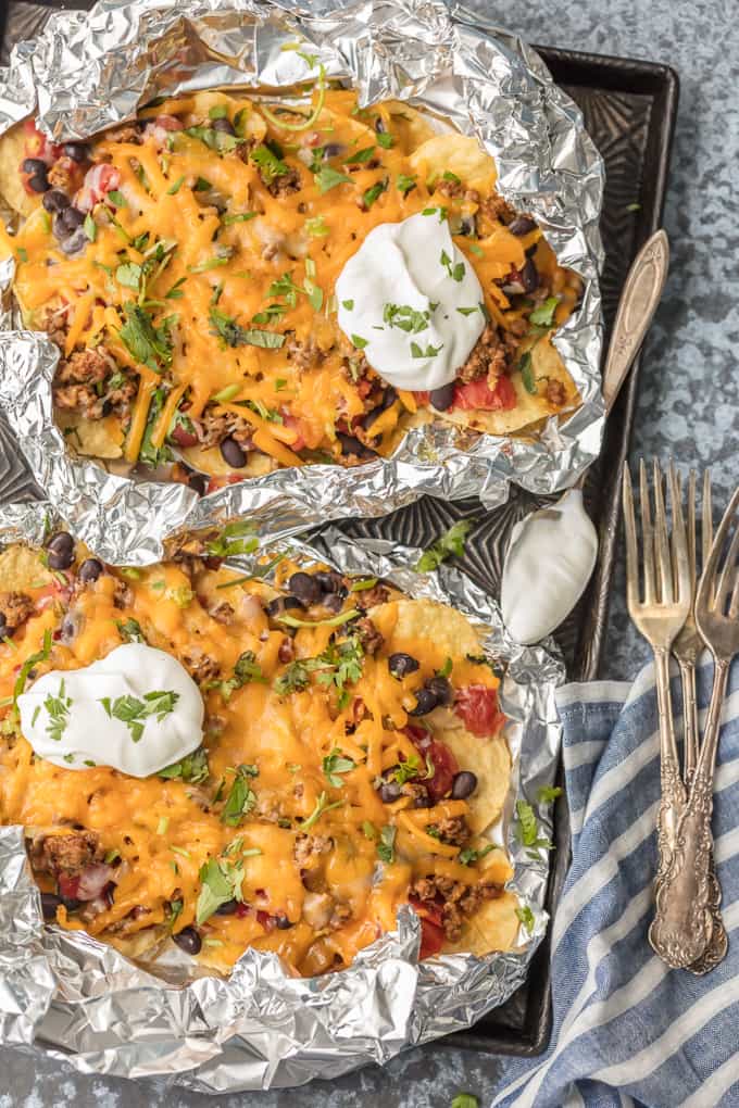 Foil Packet Nachos on a backing tray
