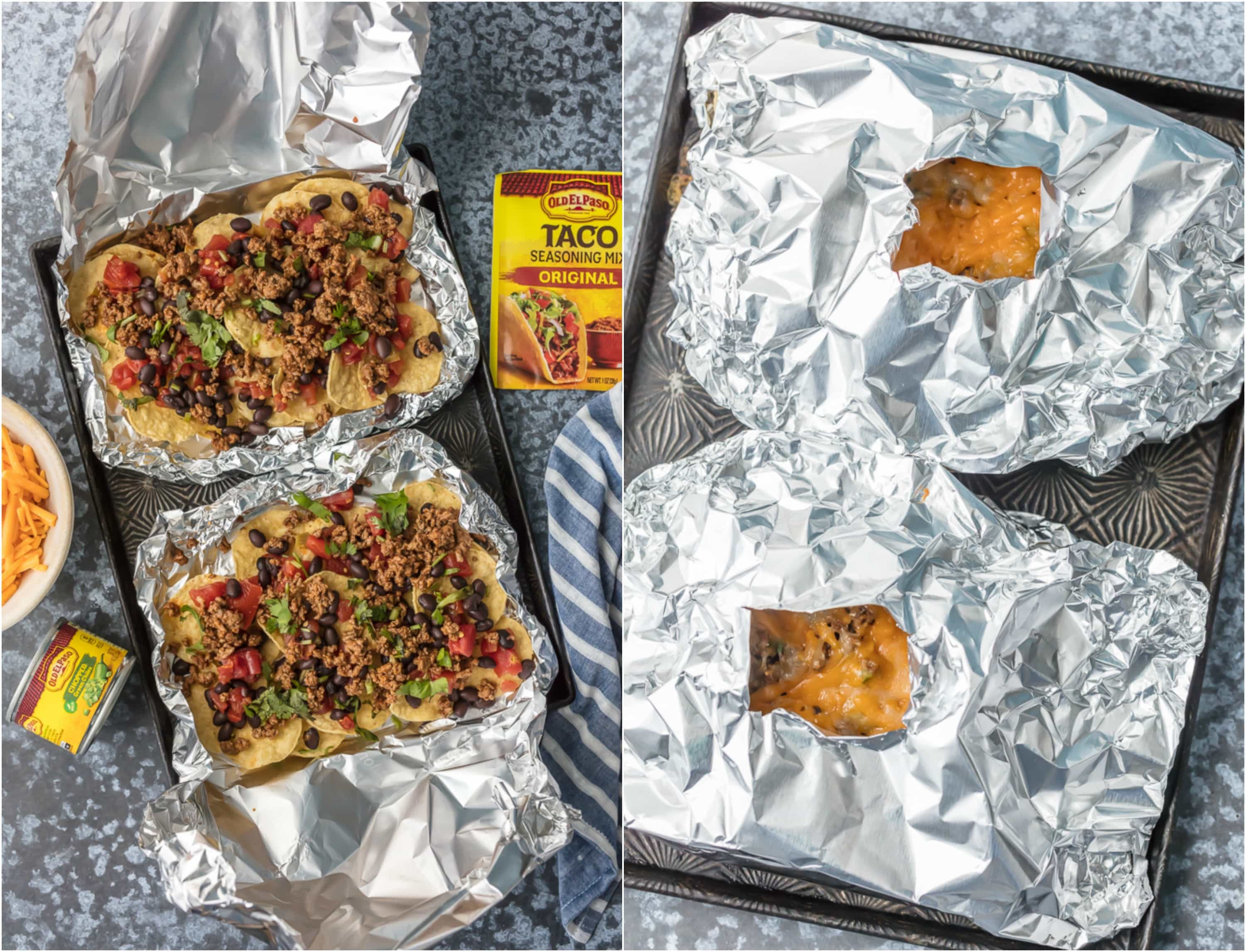 We love throwing these FOIL PACKET NACHOS on the grill any time of year! Loaded with beef, tomatoes, green chiles (and more), and covered in melty cheese. Obsessed.