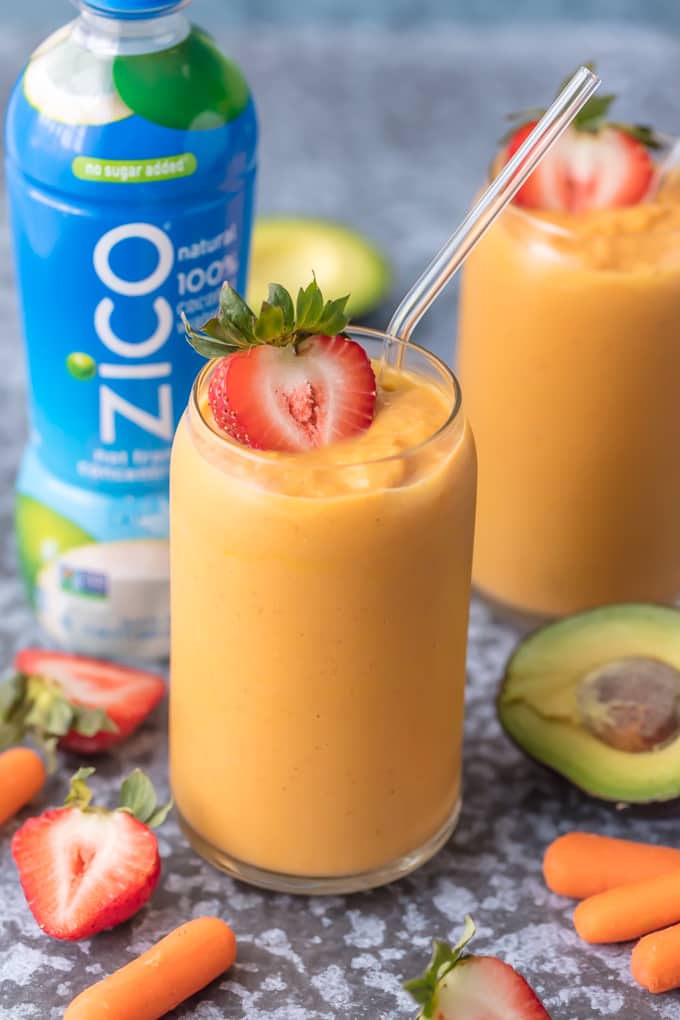 Healthy smoothie recipe next to bottle of coconut water