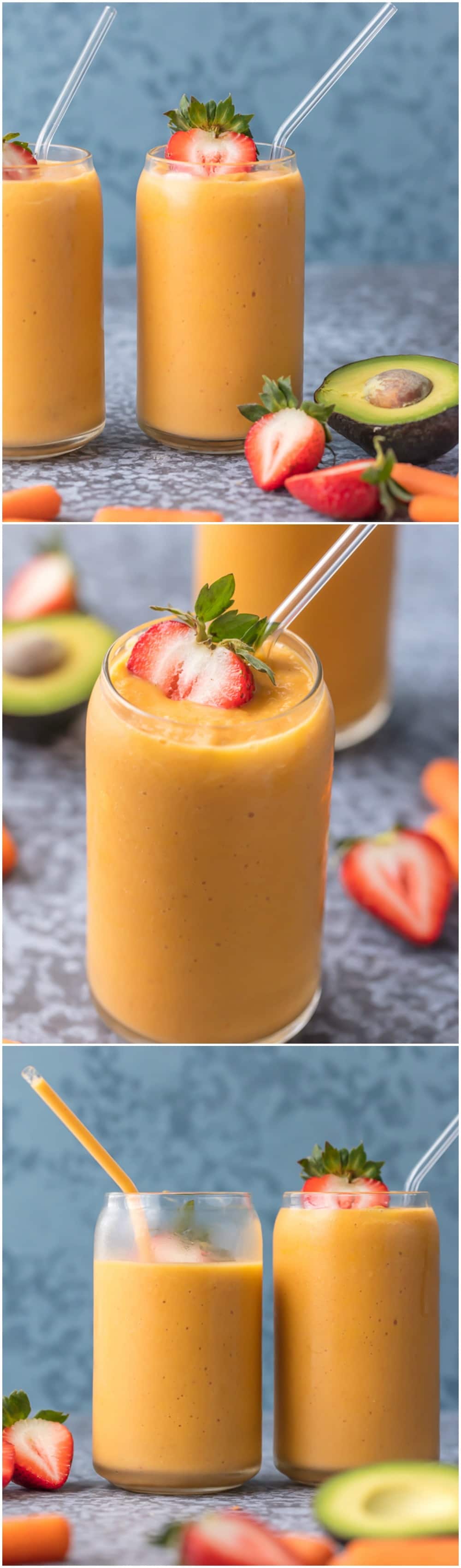 This GLOWING SKIN SMOOTHIE is full of delicious ingredients like coconut water, strawberries, mangoes, carrots, and avocado! Sip your way to beautiful skin with this easy treat.