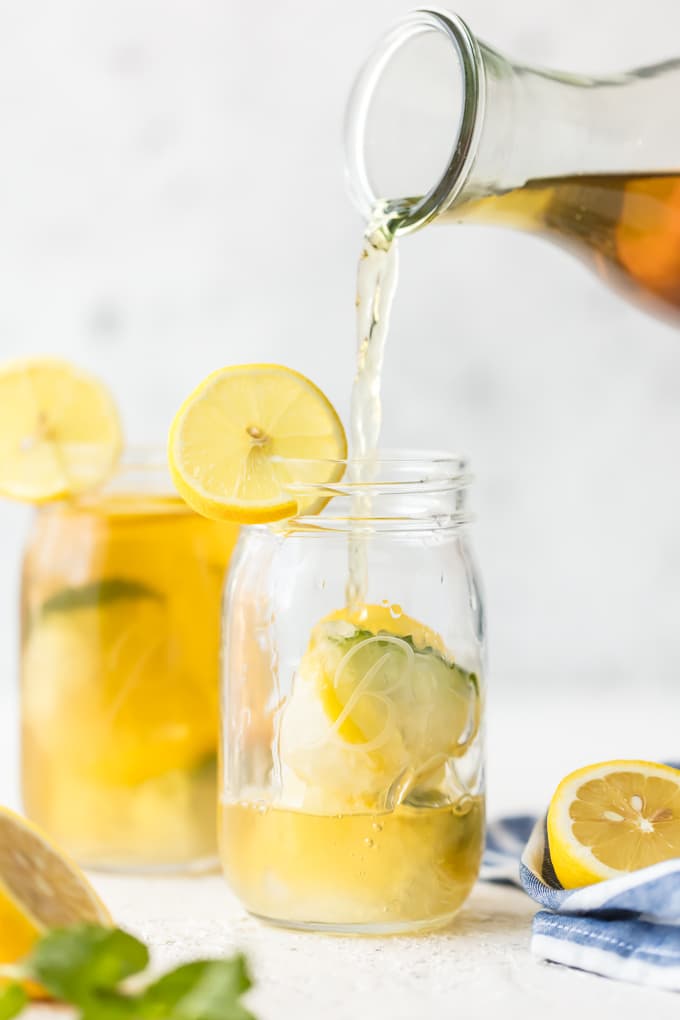 Lemon Mint Simple Syrup Ice Cubes in mason jars