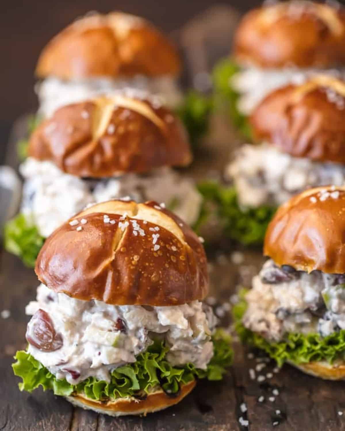 HEALTHY CHICKEN SALAD SLIDERS are perfect for an easy lunch or for parties. This healthy chicken salad sandwich recipe is made with greek yogurt to save calories!