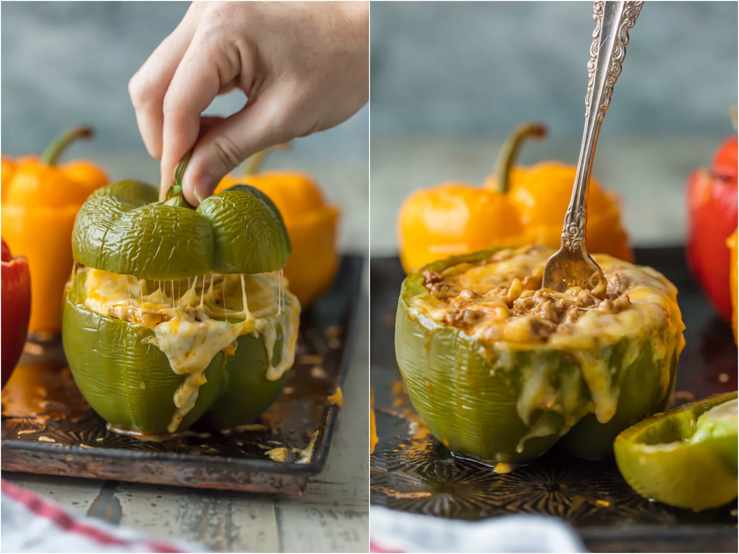 This STUFFED PEPPERS RECIPE is our go-to easy dinner recipe. These Cheesy Enchilada Stuffed Peppers are loaded with beef, green chiles, onions, enchilada sauce, and so much cheese! You won't believe how easy this stuffed bell pepper recipe is and how much your entire family will love it. cheesy stuffed peppers on sheet pan