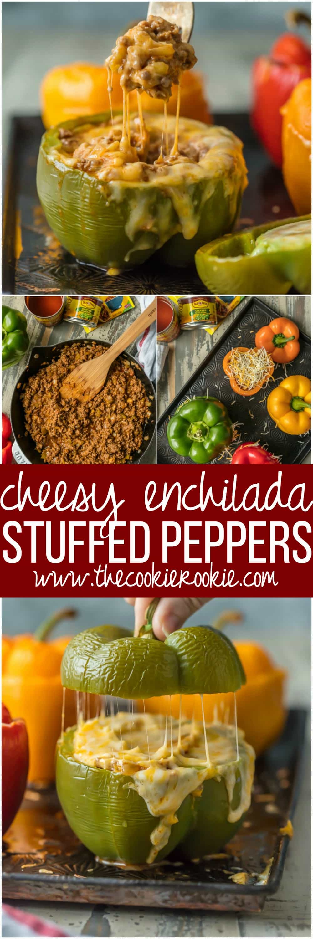 CHEESY ENCHILADA STUFFED PEPPERS are our go-to easy dinner recipe. These bell peppers are stuffed with beef, green chiles, onions, enchilada sauce, and so much cheese!