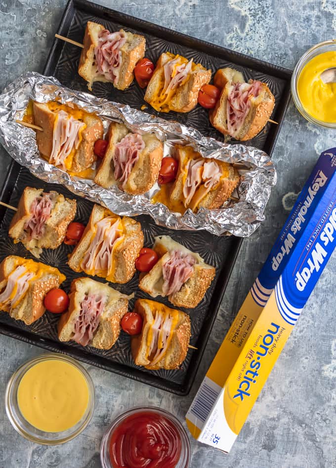 Cheesy Garlic Butter Sandwich Skewers with a box of reynolds wrap next to it