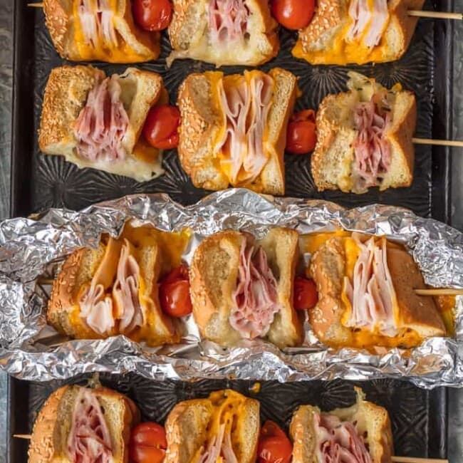 overhead shot of sandwich skewers on pan