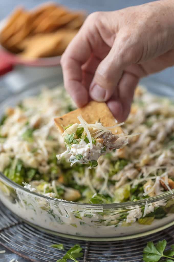 Pita chip with chicken caesar salad dip