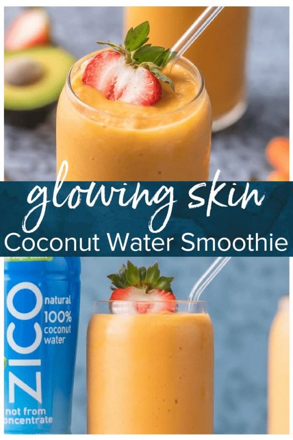 This Coconut Water Smoothie is full of delicious ingredients like coconut water, strawberries, mangoes, carrots, and avocado! Sip your way to beautiful skin with this healthy smoothie recipe!