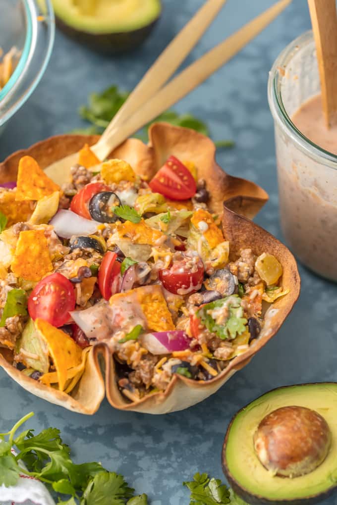 Taco bowl with homemade tortilla bowl